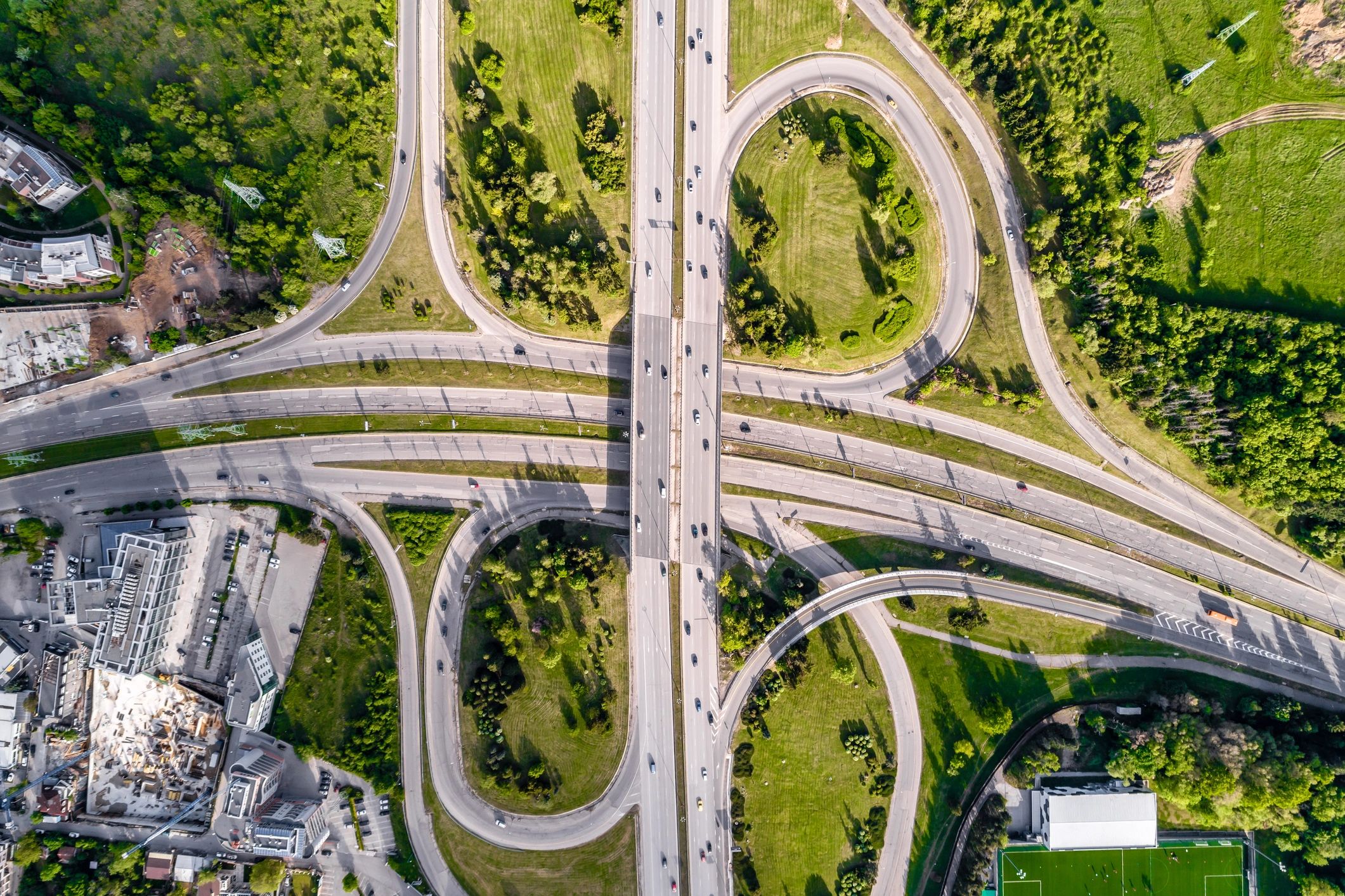 Aerial highway interchange representing route planning and calculation