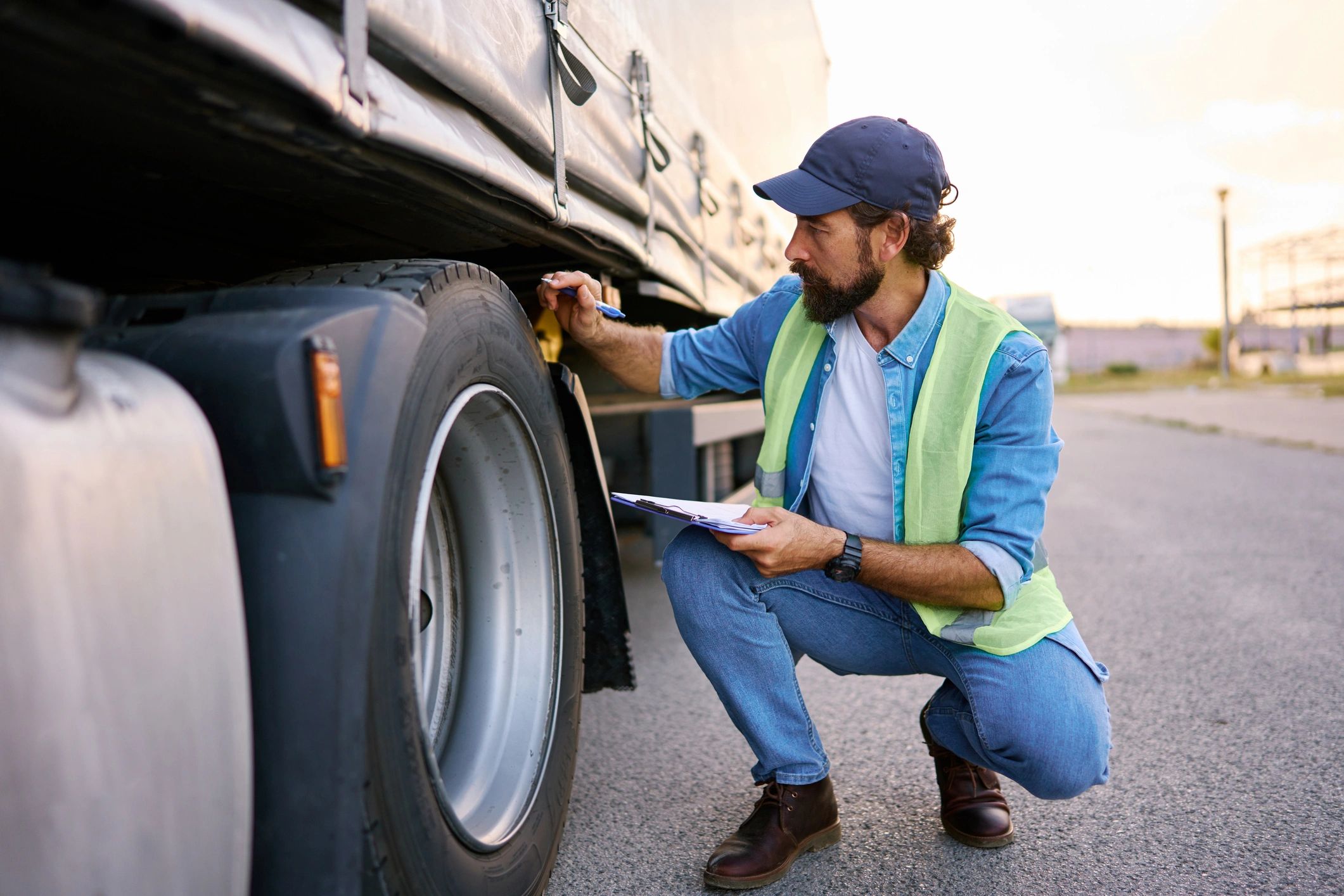 Truck driver inspecting a semi-truck tire during a safety check